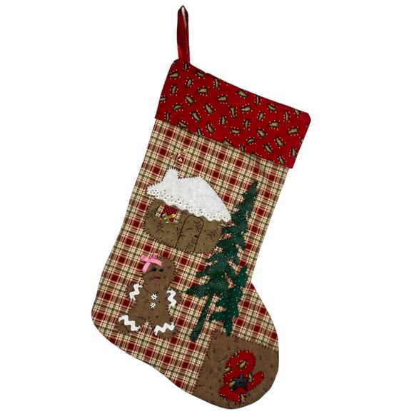 Christmas Gingerbread Stocking Plaid Red Green House Girl Tree Mitten Applique - Picture 1 of 12